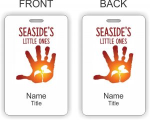 (image for) Seaside Community Church ID Vertical Double Sided badge - Hand Print Style