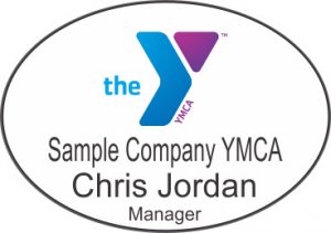 (image for) YMCA Blue/Purple Oval Badge with Location Name, Employee Name, and/or Title