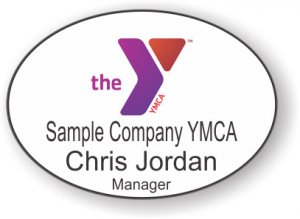 (image for) YMCA Purple/Red Oval Badge with Location Name, Employee Name, and/or Title