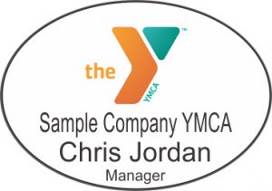 (image for) YMCA Orange/Green Oval Badge with Location Name, Employee Name, and/or Title