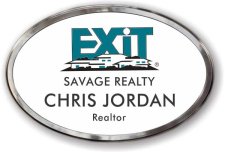 (image for) Exit Realty Oval White Prestige Badge, Polished Silver Frame