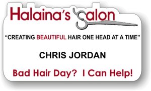 (image for) Halaina\'s Salon I Can Help Shaped White Badge