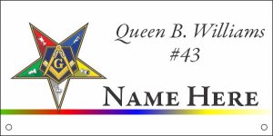 (image for) Order of Eastern Star White Name Badge with Square Corners - Queen B. Williams #43 - Masonic Emblem