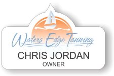 (image for) Waters Edge Tanning White Shaped Badge