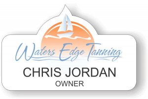 (image for) Waters Edge Tanning White Shaped Badge